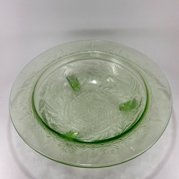 Vtg US Glass Rose Thorn Green Depression Vaseline Uranium Bowl 3 Toe Footed 30s - Picture 11 of 16